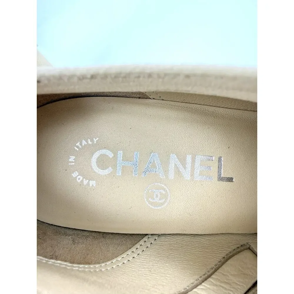 Chanel Peep Toe Bootie EU 39 US 9 Beige Nude Leather with Faux Pearl Embellish